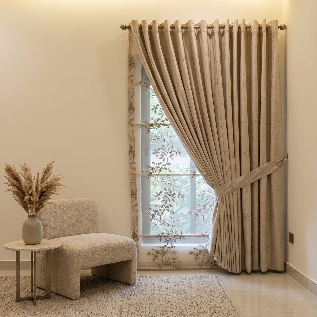 Luxe Beige Embroidered Sheer Curtain