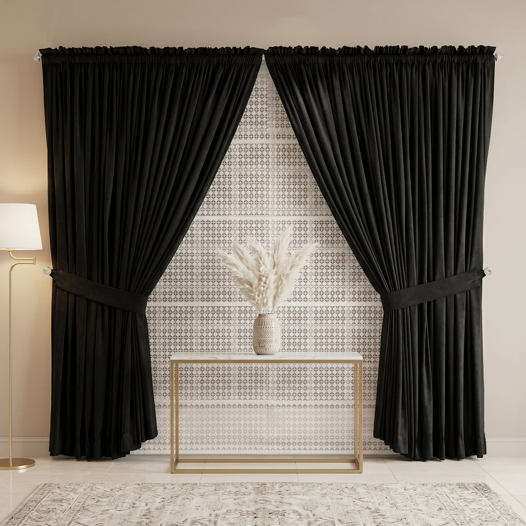 Premium Jet Black Drapes with Lattice Sheer