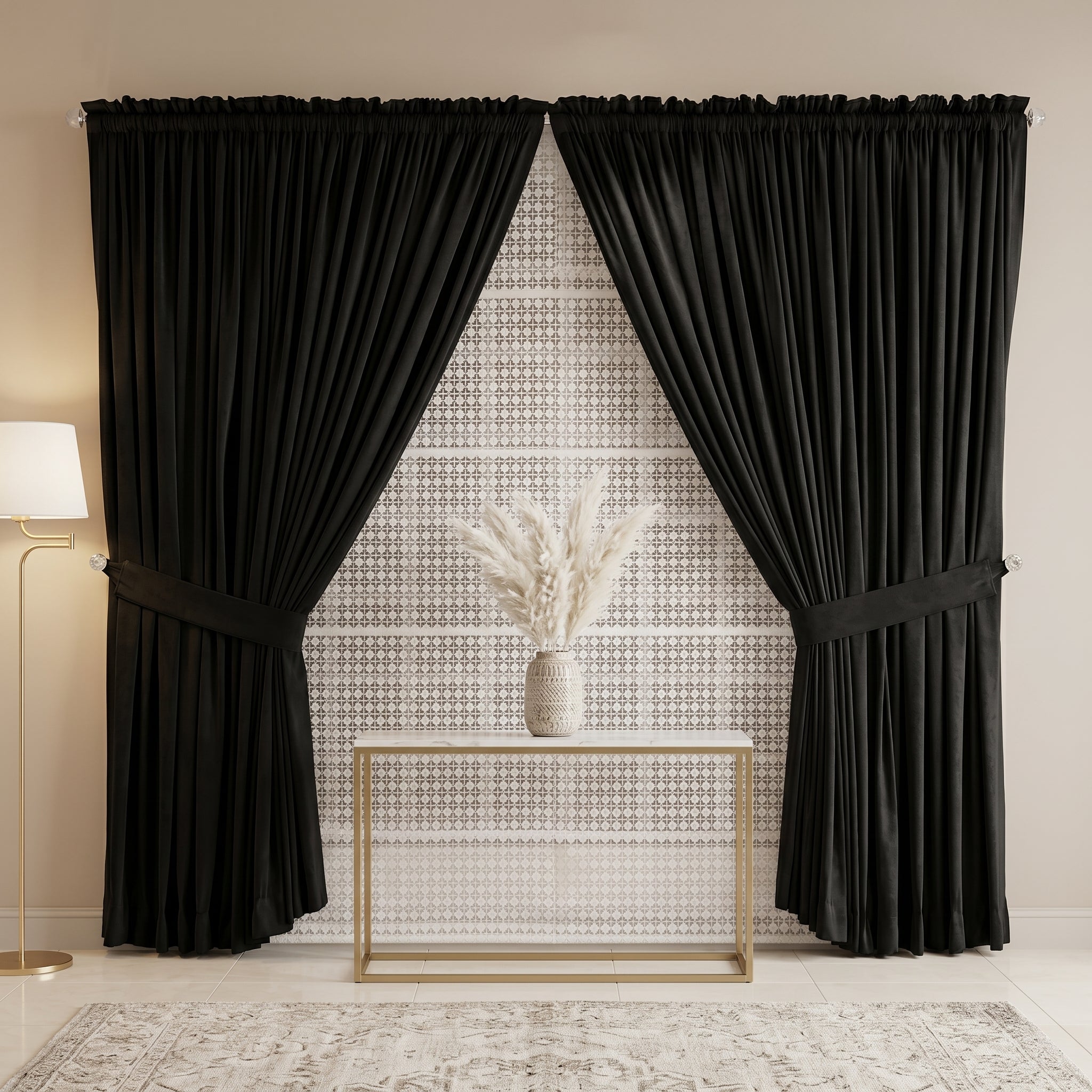 Premium Jet Black Drapes with Lattice Sheer