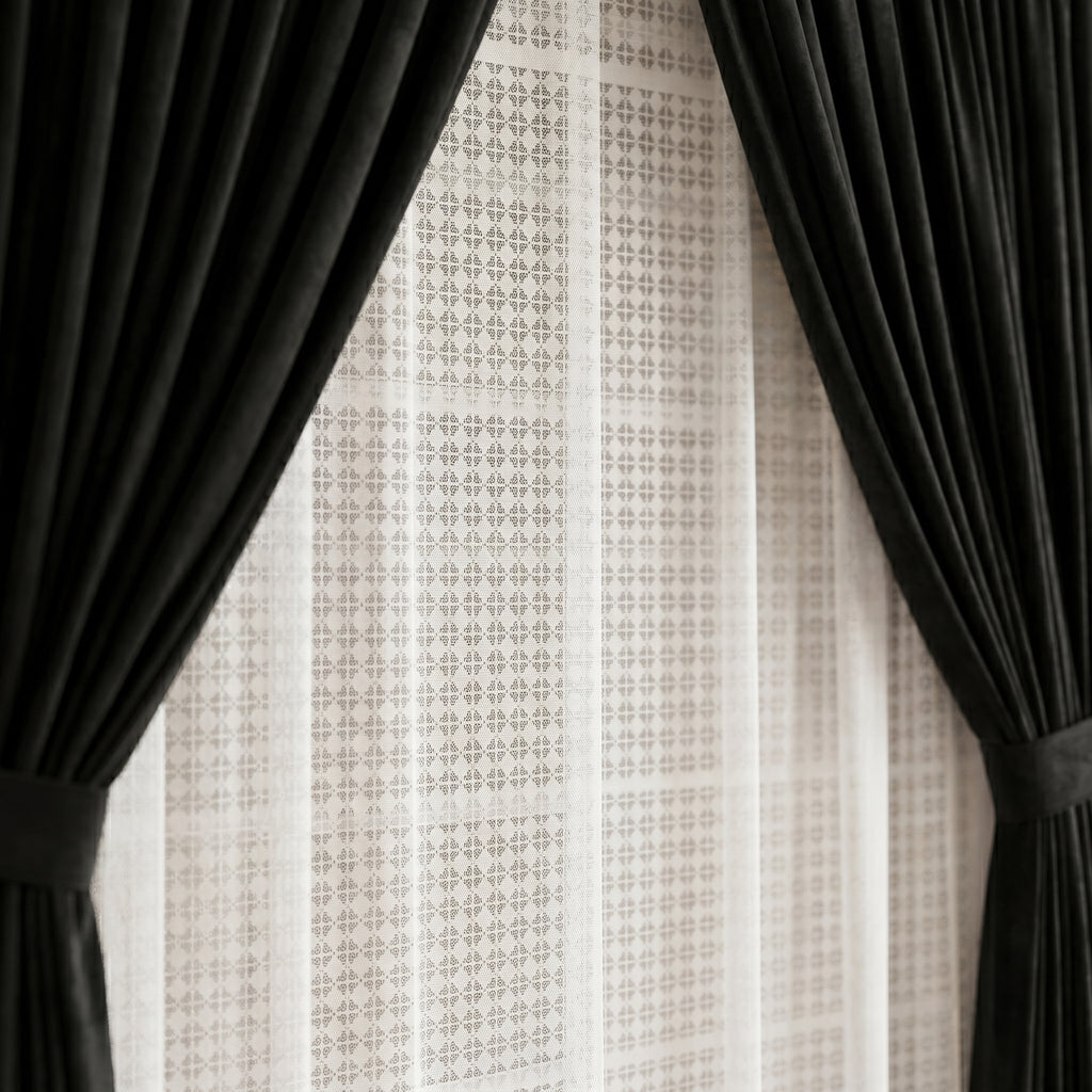 Premium Jet Black Drapes with Lattice Sheer