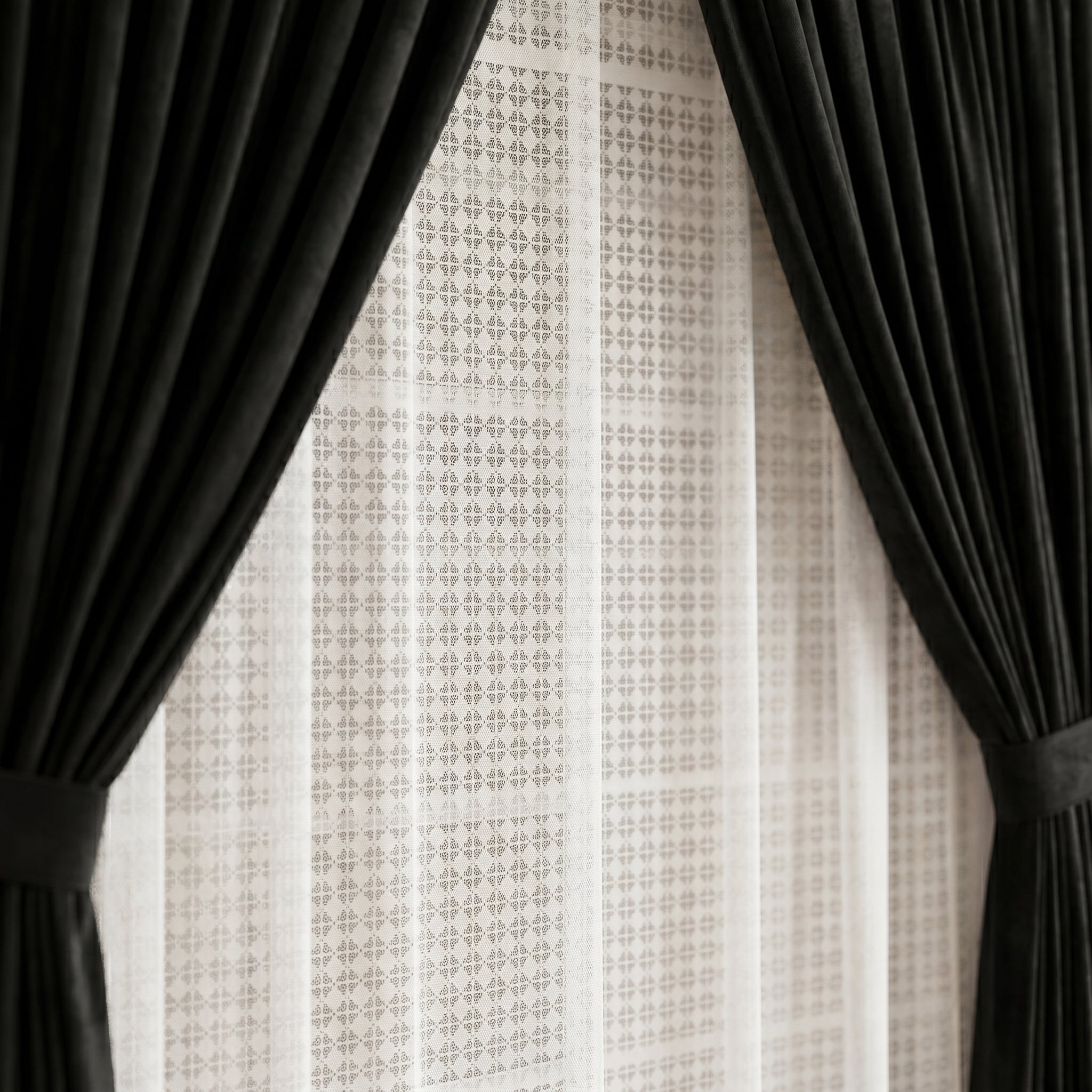 Premium Jet Black Drapes with Lattice Sheer