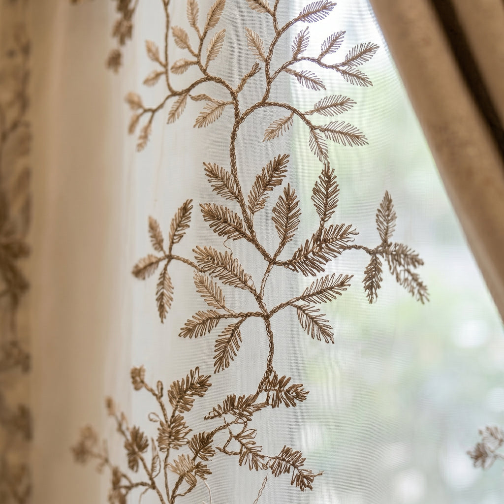 Luxe Beige Embroidered Sheer Curtain